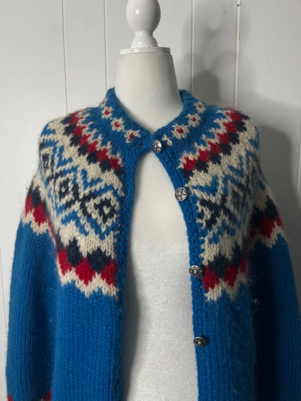 Icelandic 100% Wool Blue Fair Isle Women's Cardigan Sweater Chunky Knit Size L - Picture 2 of 7